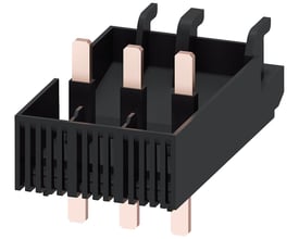 Siemens linkmodul til 3RV2.3 og 3RT2.3 samt softstartere, vist med en sort plastramme og lyse stik. 