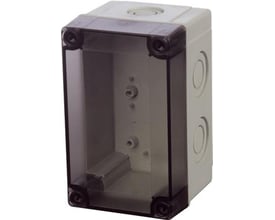 Fibox MNX elektrisk kapsling med lukket transparent dæksel, lys grå polycarbonat, dimensioner 130x80x75mm, vist fra siden.
