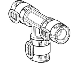 Teknisk tegning af Geberit FlowFit T-stykke, 50 mm, lavet af sort PPSU, med mål og dimensioner angivet.