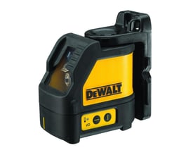 DeWalt DW088K krydslinjelaser i sort og gult design med synligt DeWalt logo og betjeningsknapper.