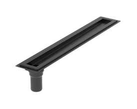 Blücher WATERLINE baderumsrende i sort rustfrit stål, 800 mm lang med lodret Ø50 mm udløb på hvid baggrund.