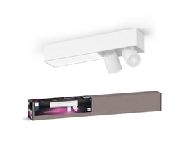 Philips Hue Centris loftlampe i hvid med to justerbare spots og en integreret lysstribe, præsenteret med dens emballage.