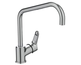 Elegant Ideal Standard Alpha køkkenarmatur i blank krom med 1-grebs betjening og U-formet tud.