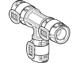 Teknisk tegning af Geberit FlowFit T-stykke 40x32x40mm i sort PPSU materiale med mål angivet.
