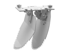 Nordisk Innovation spjæld til TX11 Lock universal rottespærre, 150/160 mm, vist isoleret med dobbelt klinge og savtakket kant.