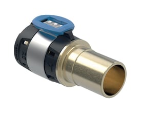 Geberit FlowFit overgang til Mapress i blyfri rødgods med 20mm nippel og blå presindikator.