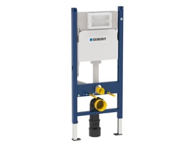 Geberit Duofix WC-element monteringsramme med indbygningscisterne, vist forfra med blå stålramme og hvid cisterne.
