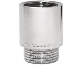 Forkromet messing haneforlænger på 10 mm med G⅜" indvendigt og udvendigt gevind for tilslutning af aftapventiler.