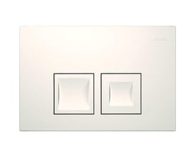 Nærbillede af Geberit Delta35 betjeningspladen i alpin-hvid, der viser de to dobbeltskyl-knapper og den glatte overflade.