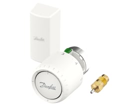 Danfoss Aveo servicetermostat med fjernføler, 2m kapillarrør, og messingventil, indstillet til 7-26°C.