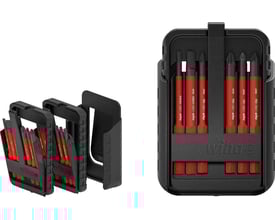 Wiha slimBit-boks med 12 VDE-godkendte bits til 1000V arbejde, vist åben og lukket på hvid baggrund.