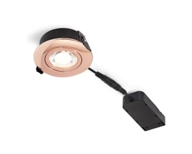 Nordtronic Low Profile Flexible G2 indbygningsspot i blank kobber med sort bagside og driver, vist isoleret på hvid baggrund.