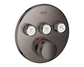 Grohtherm SmartControl termostat til indbygning i antracit, med tre runde greb og en stor betjeningsknap med temperaturvisning.
