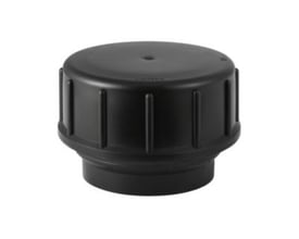 Svart Geberit PE-HD endemuffe på 50 mm med rund, rillet hette, sett skrått forfra.