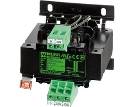 Murrelektronik 1-faset sikkerhedstrafo, 63VA, viser 24V AC outputterminaler og 230/400V AC inputterminaler på sort enhed.