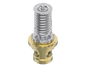 Danfoss dyse til TE 5 ekspansionsventiler, størrelse 02, fremstillet af messing og rustfrit stål, vist på hvid baggrund.