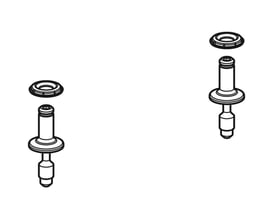 Illustration af to Geberit One hvide metal bolte med tilhørende skiver til montering af toiletsæde på hvid baggrund.