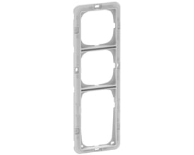 LK FUGA teknisk monteringsramme til designrammer i grå plast med 3½ moduler og markeringspile.