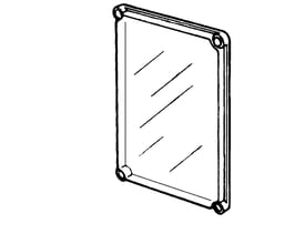Teknisk illustration af et Fibox EK SOLID dæksel i klar polycarbonat, der viser dets rektangulære form og hjørner.