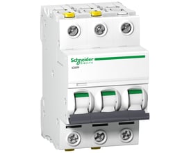 Schneider Electric Acti9 iC60N automatsikring med 3 poler, 40A og 6kA udløseevne, vist med vippekontakter i "OFF" position.
