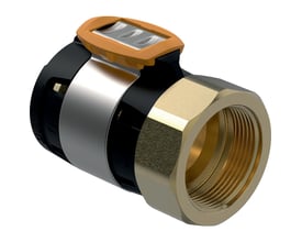 Detaljebillede af Geberit FlowFit overgang i blyfri siliciumbronze, der viser den indvendige gevinddel og 50mm pres-tilslutning.