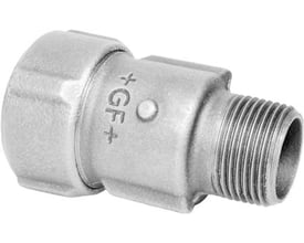 Georg Fischer Primofit kompressionsovergang 1¼" til 1¼" gevindnippel i galvaniseret blødstøbegods med synligt GF+ logo.