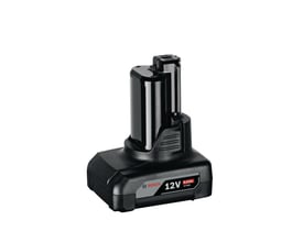 Blåt Bosch 12V 6.0Ah lithium-ion batteri med sort plasthus og tydelig mærkning på hvid baggrund.