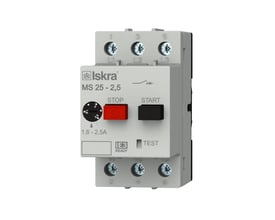 Iskra MS25 motorværn med indstillingsområde 1,6-2,5A, 3-polet, med stop- og startknapper samt testfunktion.