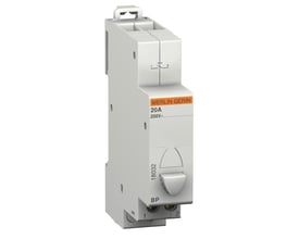 Trykkontakt fra Merlin Gerin, 20A, 250V, med tydelig markering for impulsstyring og en grå betjeningsknap.