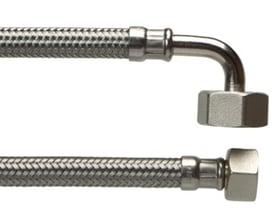 NEOPERL tilslutningsslange i rustfri stål med EPDM gummi, ½" x ¾", 1500 mm, med lige og vinklet messing omløber. VA-godkendt til teknisk vand.