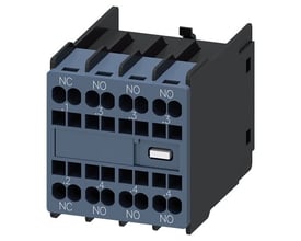 Siemens hjælpeblok front med 3 NO og 1 NC kontakter, viser fjederterminaler mærket .1/.2 og .3/.4.