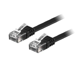DELTACO Cat6 U/UTP fladt patchkabel i sort med to RJ45-stik, 2 meter langt og halogenfrit materiale.
