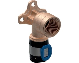 Geberit FlowFit dekkevinkel 90° for 20 mm rør og ½" muffe, vist i kobberfarget utførelse med monteringsflens.