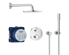 Grohe Grohtherm Rainshower indbygnings brusesæt i krom, bestående af hovedbruser, håndbruser, indbygningsboks og termostatstyring.