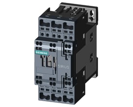 Siemens Sirius 3RT20 kontaktor med 1NO+1NC kontakter og 24V DC spolespænding, vist fra siden med hvid baggrund.