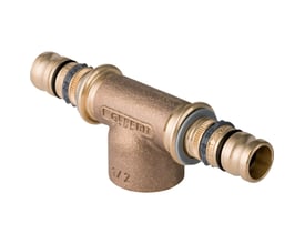 Geberit Mepla t-stykke i rødguld med muffe og 40mm samt 1/2" tilslutninger, ideel til sanitære og varmeanlæg.