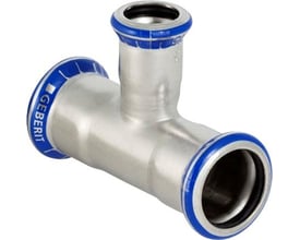 Geberit Mapress rustfrit t-stykke i stål med tre presmuffer, dimensioner 28x22x22mm, med blå markering.