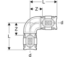 Teknisk tegning af Geberit FlowFit 90° bøjning til 50 mm rør, der viser mål og dimensioner (L, Z, d).