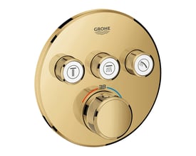 Grohe Grohtherm SmartControl termostat i poleret Cool Sunrise messing med tre drejeknapper og temperaturvisning.