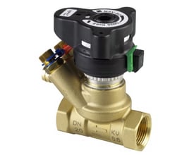 Danfoss MSV-BD manuel indreguleringsventil DN 25, Rp 1", Kvs 9,5 m³/h fremstillet af messing med sort top og målenipler.