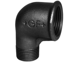 Georg Fischer 90 graders reduktionsvinkel i sort støbejern med indvendigt RpHalf" og udvendigt Rthree-eighths" gevind.