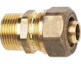 IMI TA-PX klemringskobling af afzinkningsbestandig messing med 25 mm kompressionskobling og 3/4" udvendigt gevind til PEX-rør.