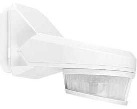 Niko udendørs bevægelsessensor i hvid plast med 300° detekteringsvinkel og 16m rækkevidde, monteret på væg.