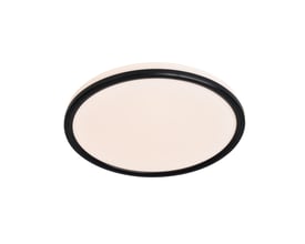 Nordlux Liva Smart Light loftlampe i sort plast med en rund, lysende diffusor, monteret på hvid baggrund.