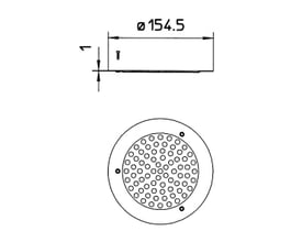 Teknisk tegning af Blücher rist circle Vienna vinyl Ø 155 mm syrefast stål, viser dimensioner og fastgørelsespunkter.