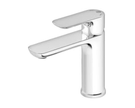 Gustavsberg Estetic håndvaskarmatur i krom med ét greb og et organisk, elegant design, præsenteret på hvid baggrund.