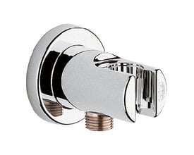 Grohe Relexa tilkoblingsbend for vegg med dusjholder i blank krom, vist skrått forfra med gjengestuss.