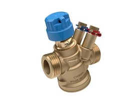 Danfoss AB-QM 4.0 DN 20 HF reguleringsventil i messing med blå justeringsknap og målenipler, med udvendigt 1" gevind.