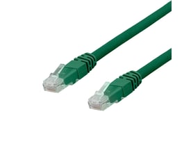 DELTACO U/UTP Cat6a patchkabel på 0,5 meter i grøn, halogenfri med RJ45-stik i hver ende på hvid baggrund.