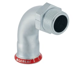 Geberit Mapress el-forzinket 90° overgangsbøjning med muffe til 22 mm rør og 3/4" nippel, vist på hvid baggrund.